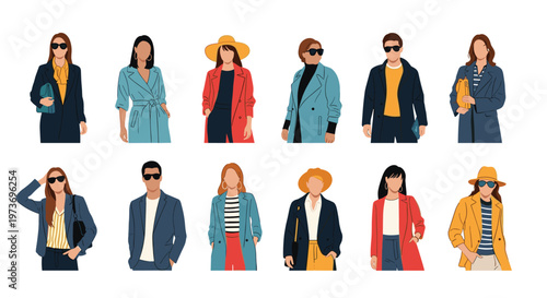 Large group of stylishly dressed men and women wearing fashionable coats and sunglasses standing in two rows on a white background.