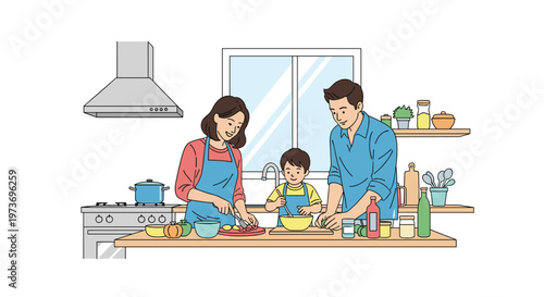 Happy family with a young son enjoying their time together while preparing a fresh and healthy vegetable salad in a bright kitchen.