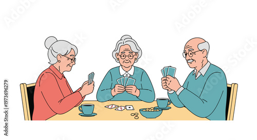 Three happy senior friends, two women and one man, sitting around a table and enjoying a friendly game of cards together.