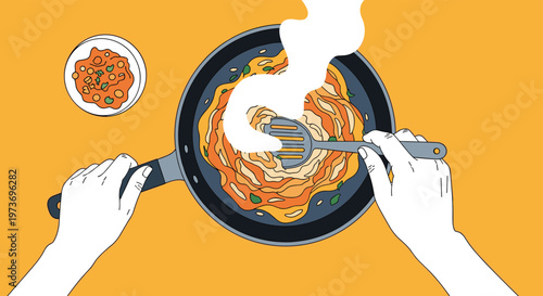 Top view of a person using a spatula to cook a delicious omelet in a frying pan over an orange background with a side of salsa.