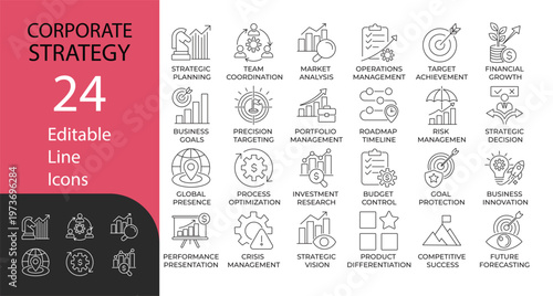 Corporate Strategy and Business Planning line icon set. Contains symbols for strategic planning, market analysis, and financial growth. Line vector for professional presentations.