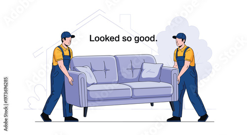 Two professional movers in work uniforms carefully carrying a large light blue sofa while moving furniture into a new home.