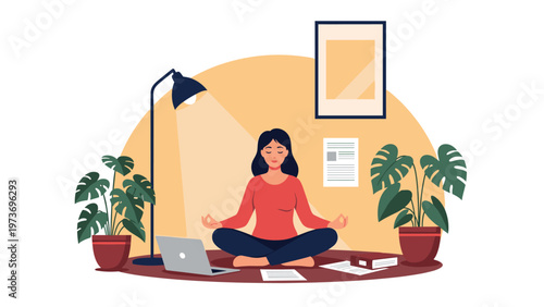 Young woman practicing meditation in a seated lotus pose on the floor of her room surrounded by plants, a laptop, and study materials.