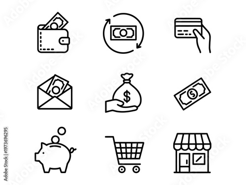Collection of vector icons representing various financial transactions and savings methods in a grid layout
