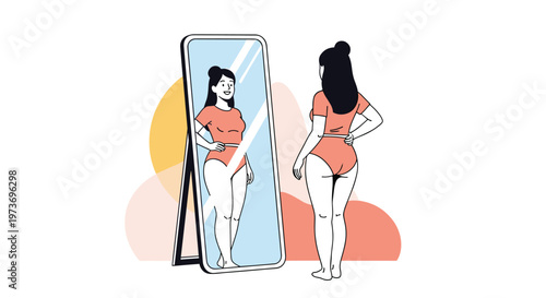 Young woman in orange swimwear smiles at her happy reflection in a full-length mirror against an abstract background.