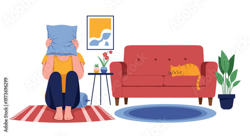 Person sitting on a striped rug covers their head with a blue pillow while a cat sleeps on a nearby red sofa.