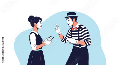 Professional mime artist in a striped shirt and hat interacts with a woman holding a smartphone against a blue circle.