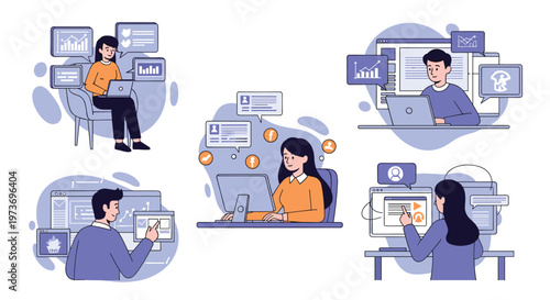 Set of five illustrations showing busy people multitasking with multiple digital screens and various data interfaces.