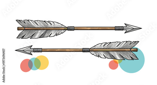 Two detailed illustrations of traditional wooden hunting arrows with grey feathers and sharp metal tips in profile view.