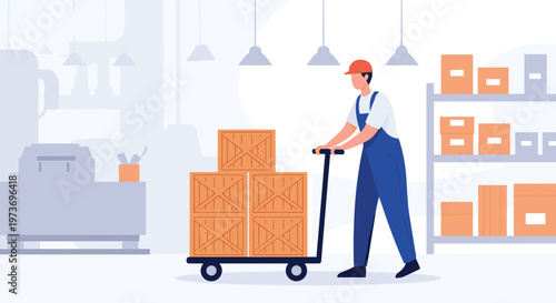 Dedicated warehouse worker in blue overalls pushes a hand truck loaded with wooden crates through a storage facility.