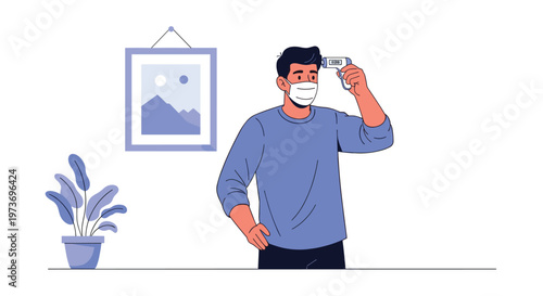 Responsible man wearing a white protective face mask checks his body temperature with an infrared digital thermometer.