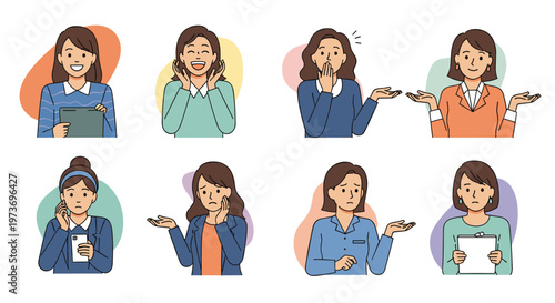 Eight office workers show a wide range of emotions and gestures including happiness, confusion, sadness, and surprise.