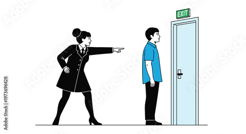 Serious woman in a dark business suit points a finger toward an exit door while a man in a blue shirt walks toward it.