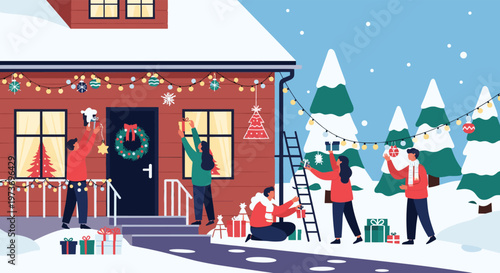 Group of happy neighbors decorate a house and yard with festive Christmas lights and ornaments in a snowy winter scene.