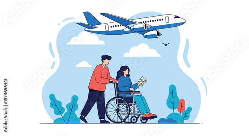 Man pushes a woman in a wheelchair through a park as a large commercial airplane flies overhead in a blue sky.
