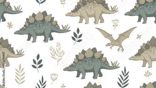 Seamless repeating pattern featuring various Stegosaurus dinosaurs and prehistoric plants like ferns and branches in earthy natural tones.