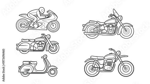 Six different styles of motorcycles and a scooter depicted in keywords black and white line bike vehicle
