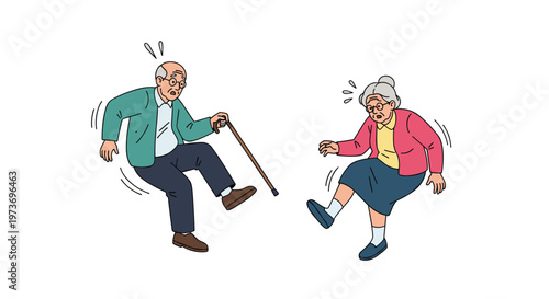 Elderly man with a cane and an old woman appear to lose their balance and slip in this humorous vector illustration.