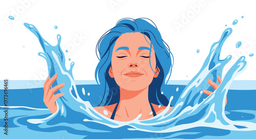 Relaxed young woman with vibrant blue hair closes her eyes and enjoys water splashing around her in a calm pool.