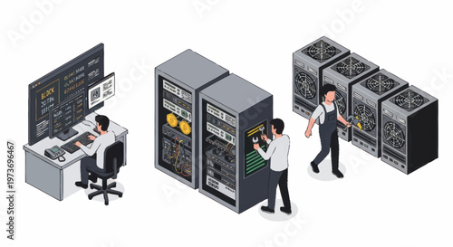 IT professionals working in a server room with computers and equipment.