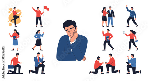 Stressed businessman is surrounded by various small figures representing different professional tasks and challenges.