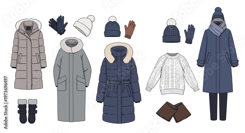 Collection of winter apparel items including insulated coats, wool sweaters, hats, and gloves arranged as a flat lay.