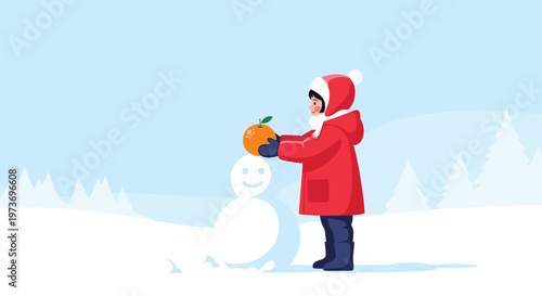 Young child in a warm red winter coat and hat, putting a bright orange on top of a friendly snowman in a snowy winter forest.