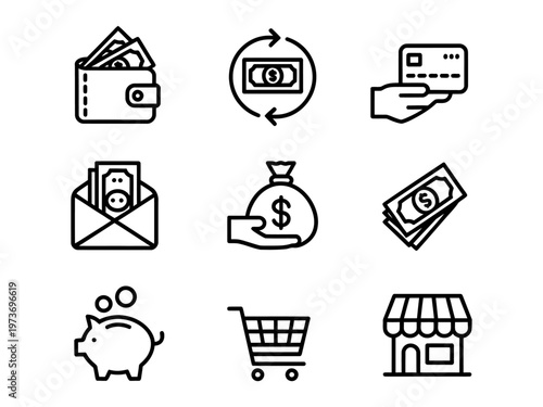 Vector of financial and transactional icons including wallets, cards, and money bags