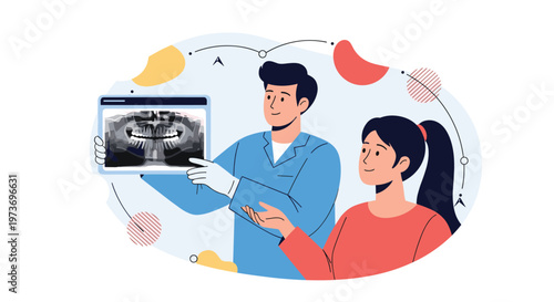 Professional male dentist showing a digital dental x-ray on a tablet, to a young female patient during a medical consultation.