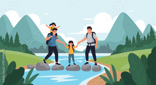 Happy diverse family of four wearing backpacks, and crossing a river on stepping stones during a scenic mountain hiking adventure.