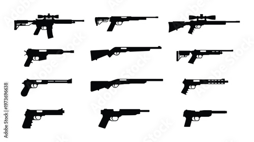 Collection of keywords black silhouette firearms including rifles pistols and shotguns on white