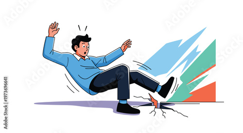 Surprised man in a blue sweater losing his balance and slipping on a cracked floor, in an accident scene with dynamic action lines.