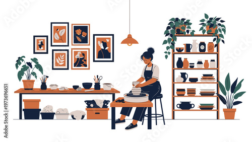 Skilled woman working at a pottery wheel in her creative studio while surrounded by shelves full of finished ceramic vases and bowls.
