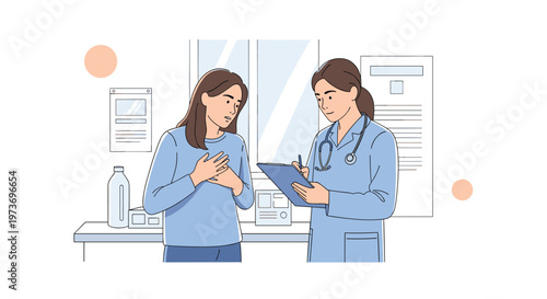 Female doctor in a white coat with a stethoscope, taking notes on a clipboard while listening to a concerned female patient.