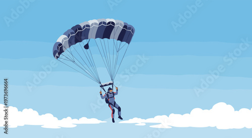 Brave skydiver descending through a clear blue sky, with a large open parachute above white fluffy clouds during an extreme sport.
