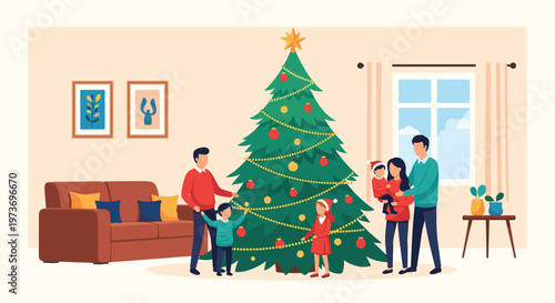 Large happy family gathered in their cozy living room, to decorate a tall Christmas tree with ornaments and lights for the holidays.
