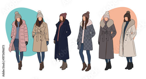 Collection of women wearing various styles of elegant winter coats and hats, for a seasonal fashion display in a flat art layout.