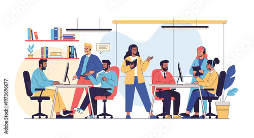 Diverse group of professional employees working in an open plan office, using computers and wearing headsets for customer service.