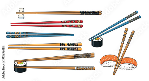 Assorted collection of traditional Japanese sushi including nigiri and maki rolls, paired with decorative wooden and colorful chopsticks.