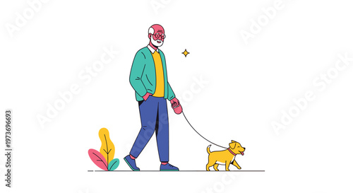 Active senior man with a beard and glasses, walking his small yellow dog on a leash during a sunny day outdoors in a public park.