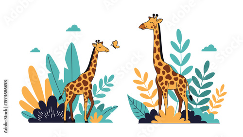 Two giraffes standing together in a vibrant tropical landscape filled with lush green, orange, and blue foliage under a clear sky.