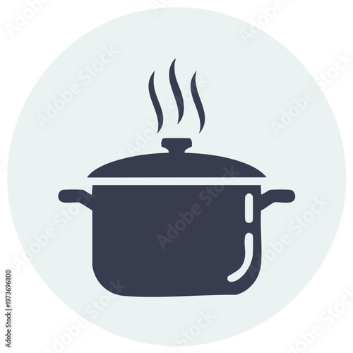 Cooking pot with rising steam - kitchen utensils, symbol, food preparation, cooking, boiling, kitchenware, round icon, pictogram