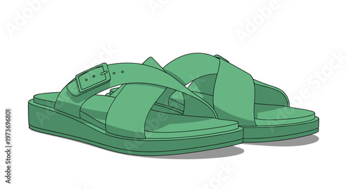 Pair of stylish green leather platform sandals with cross straps and adjustable buckles, displayed from a side perspective view.