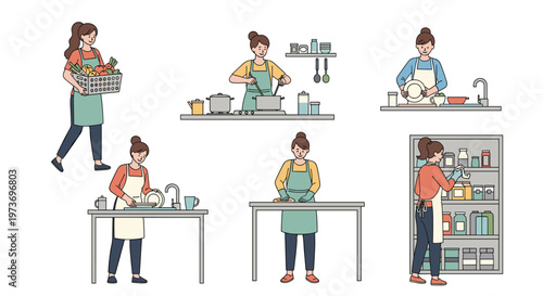 Collection of scenes showing women engaged in different domestic tasks, including cooking, washing dishes, and organizing the pantry.