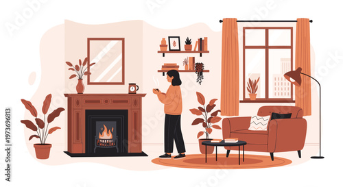 Relaxing interior scene of a woman standing in a warm living room, and holding a hot drink near a cozy fireplace and armchair.