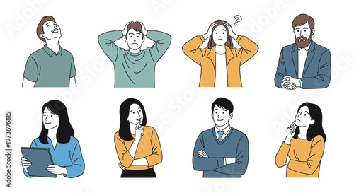 Grid of diverse people showing various emotions and thoughts, such as confusion, happiness, deep thinking, and sudden surprise.