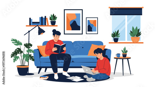 Young couple enjoying a quiet afternoon in their cozy living room with one person reading on the sofa and the other working on a laptop.