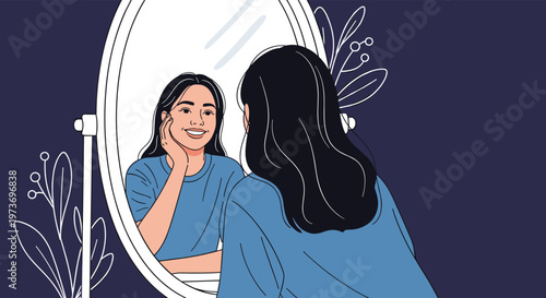 Contented young woman with long dark hair, smiling at her reflection in an elegant oval mirror against a dark floral background.