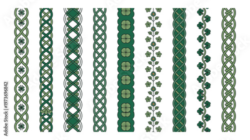 Collection of nine green celtic knot and floral border on keywords white background pattern