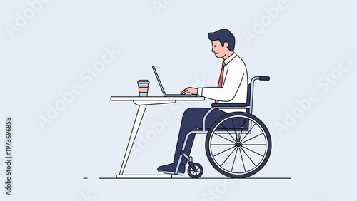 Professional man using a wheelchair working efficiently at his desk with a laptop and coffee representing workplace inclusion and accessibility.